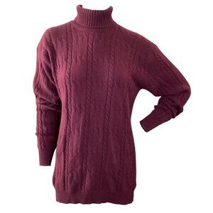 Jones NY Turtle Neck Cable-Knit Sweater Lambswool Angora L Burgundy 319A